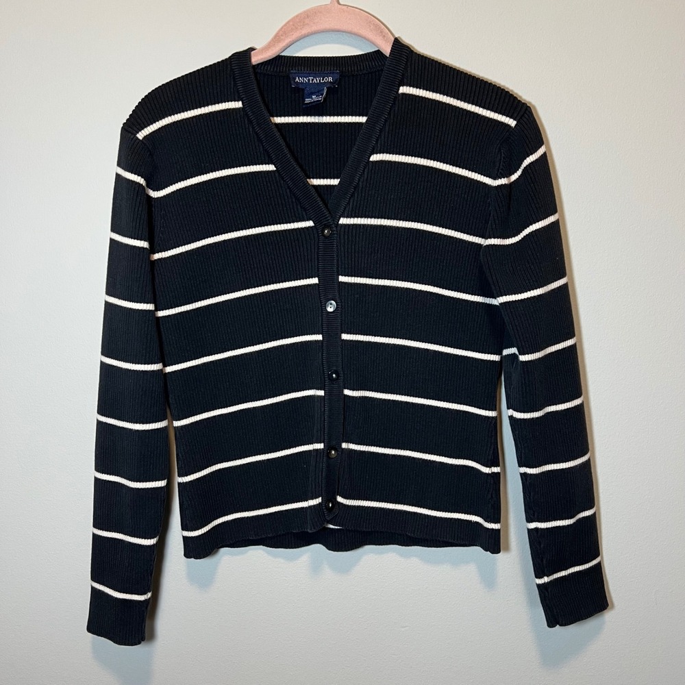 Ann Taylor Women's Ribbed Knit Striped Cardigan Black Y2K Cotton V-Neck Medium